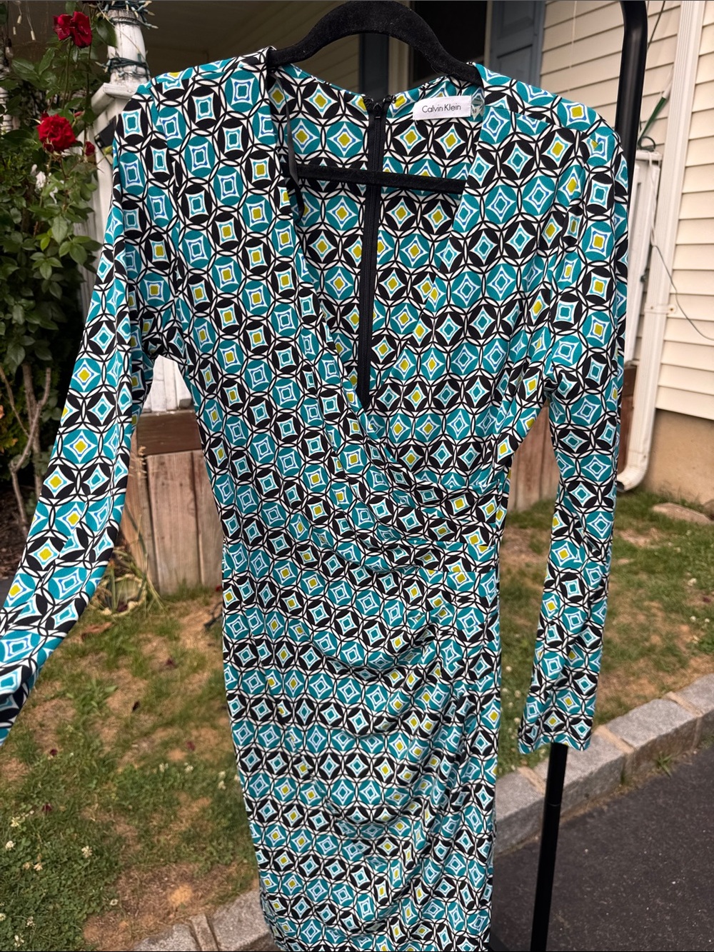 Calvin Klein Teal, Black & White Geometric Sheath Dress